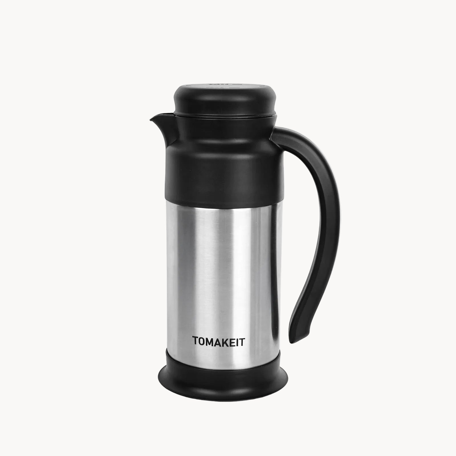 Stainless steel and black thermos carafe with 'TOMAKEIT' branding on a white background