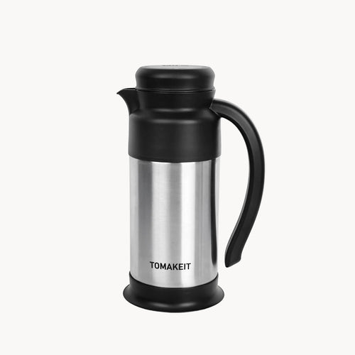 Stainless steel and black thermos carafe with 'TOMAKEIT' branding on a white background