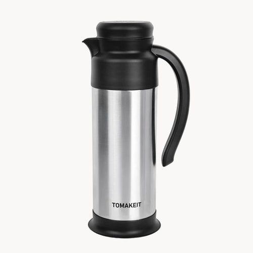 Stainless steel thermos with black lid and handle on a white background, featuring the brand 'TOMAKEIT'.
