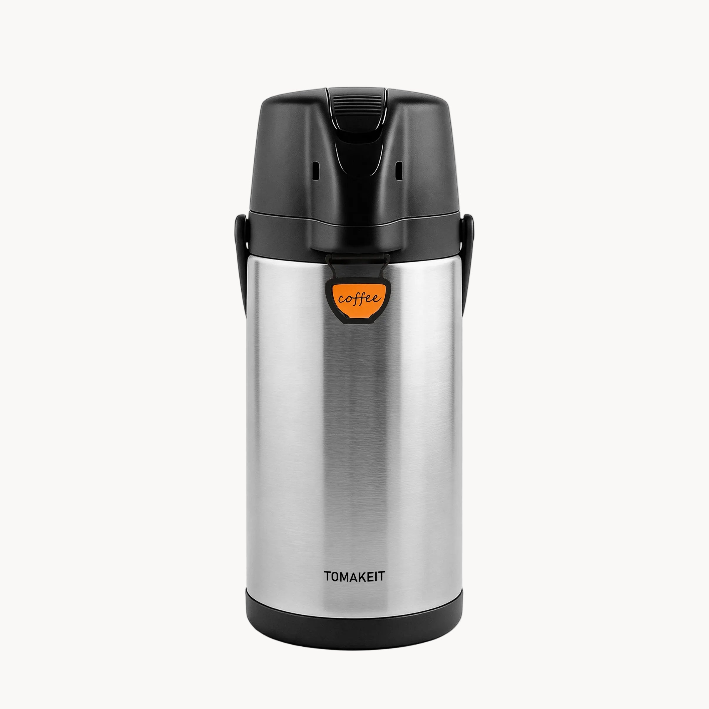 Stainless steel thermos with black lid on a white background