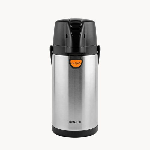 Stainless steel thermos with black lid on a white background