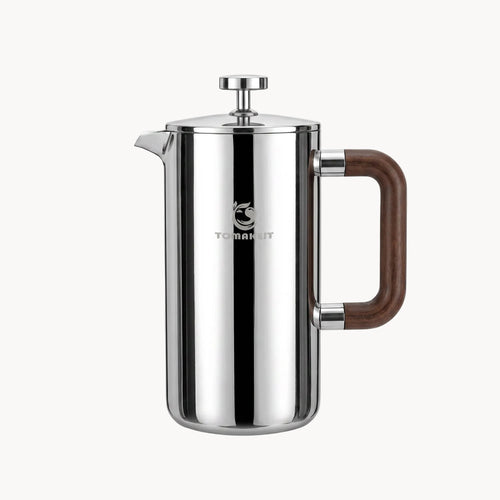 Stainless steel French press with wooden handle on a white background