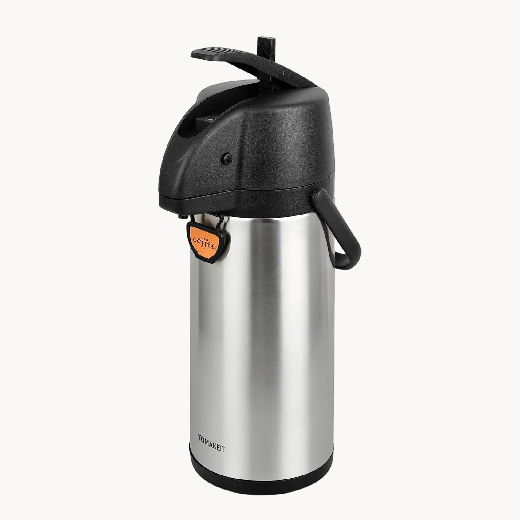 Stainless steel airpot with black lid on a white background