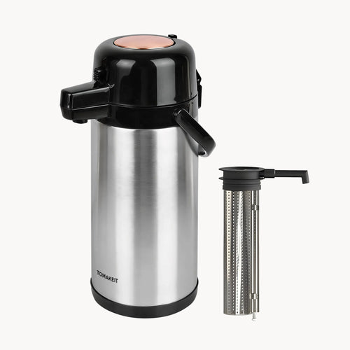 Stainless steel airpot with black lid and handle on a white background